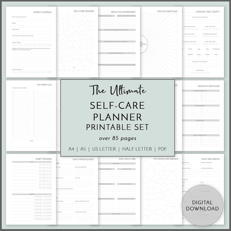 May include: A printable self-care planner set with over 85 pages. The set includes pages for an anxiety journal, self-care tracker, about you worksheet, rays of gratitude, how do I feel today, my happy list, habit tracker, daily mindfulness, daily self-care, my hopes and dreams, daily wellbeing, and monthly gratitude.