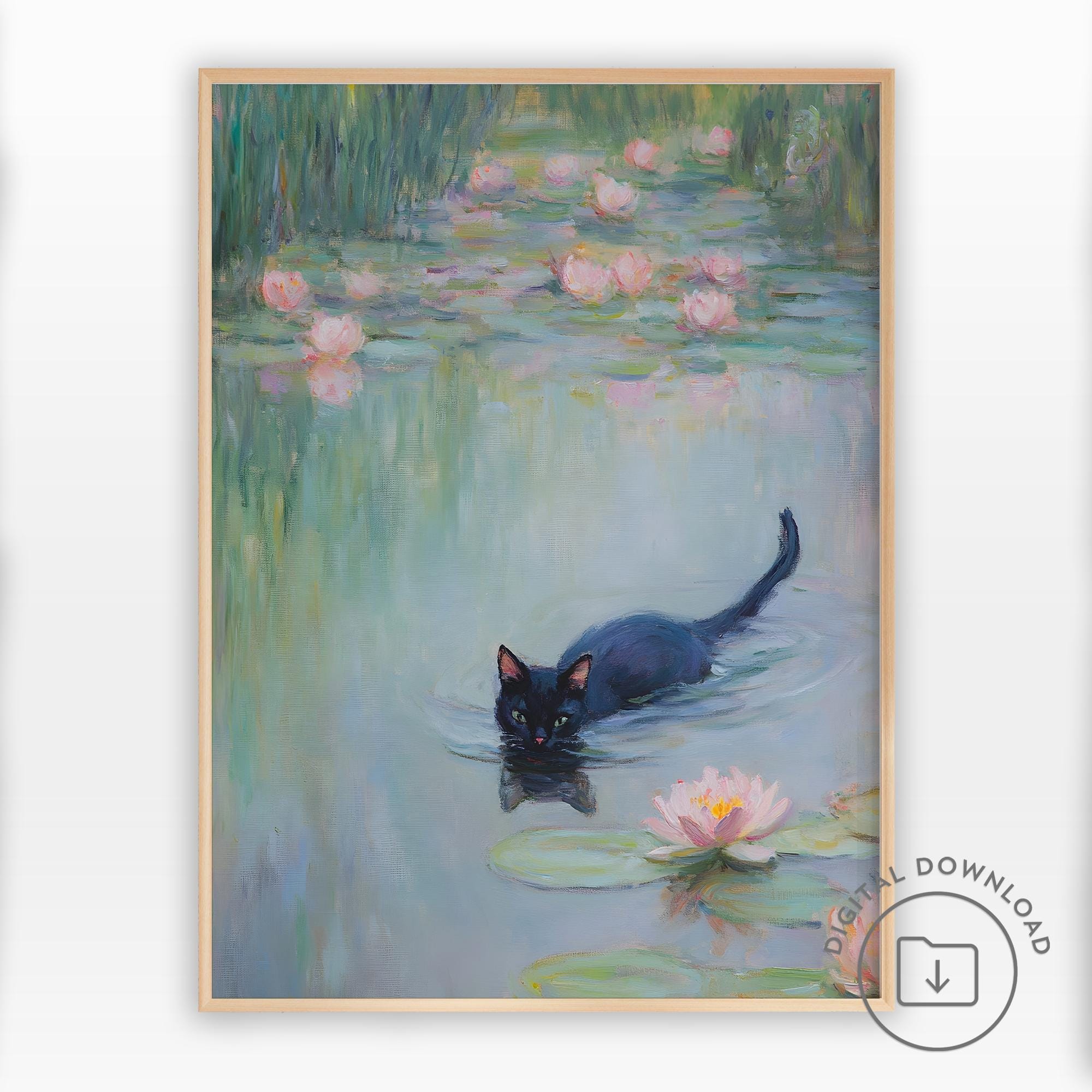 睡蓮の池のプリント、面白い黒猫の壁アート、印刷可能、トレンディな