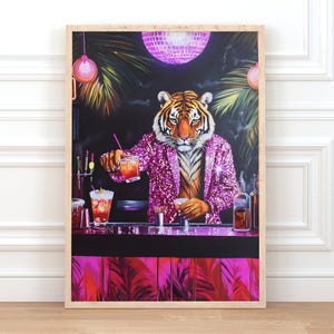 タイガーバーテンダープリント 印刷可能 トレンディな動物ポスター 大きな猫の絵画 ウォールアート アパートの装飾 マキシマリスト キッチン ウォールデコ バーポスター サイン