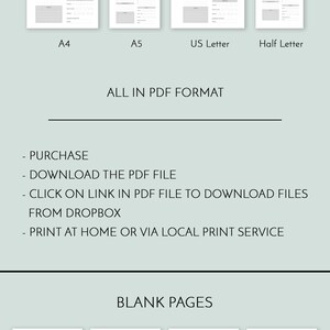 May include: A digital download of printable daily planner pages in four different sizes: A4, A5, US Letter, and Half Letter. The planner pages are in PDF format and can be printed at home or via a local print service. The download also includes blank pages for notes, journaling, or doodling.