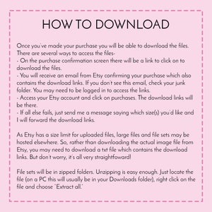 May include: Pink and white text on a white background with a pink border. The text explains how to download digital files purchased on Etsy. The text includes instructions for downloading files from the purchase confirmation screen, Etsy email, Etsy account, and a text file.