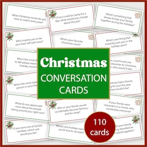 May include: A collection of 110 Christmas Conversation Cards. The cards have red and green borders and feature festive questions. A central green card displays "Christmas Conversation Cards."