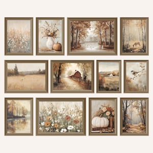 May include: A set of framed landscape paintings in warm, autumnal tones. The artwork depicts scenes of nature, including forests, fields, and a barn. The colour palette features browns, oranges, and creams, creating a cosy, rustic aesthetic.