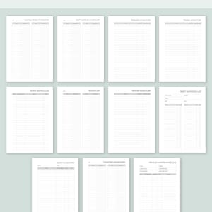 May include: A set of printable log and inventory sheets for organizing household items, including cleaning products, craft supplies, food, and more. The sheets are designed with a simple, minimalist style and include columns for date, item, quantity, and notes.