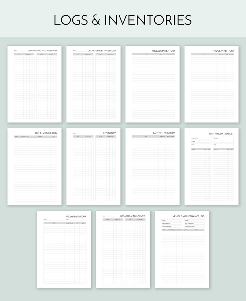 May include: A set of printable log and inventory sheets for organizing household items, including cleaning products, craft supplies, food, and more. The sheets are designed with a simple, minimalist style and include columns for date, item, quantity, and notes.