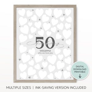 50 Gründe, warum wir dich lieben – Gästebuch zum 50. Geburtstag – Schild „Was wir an dir lieben“ – Silbernes Erinnerungsgeschenk – Unterschriftendruck