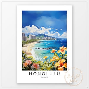 May include: A colorful illustration of Honolulu, Hawaii, with a beach, ocean, palm trees, and a mountain in the background. The text "HONOLULU" and "HAWAII" is printed below the image.