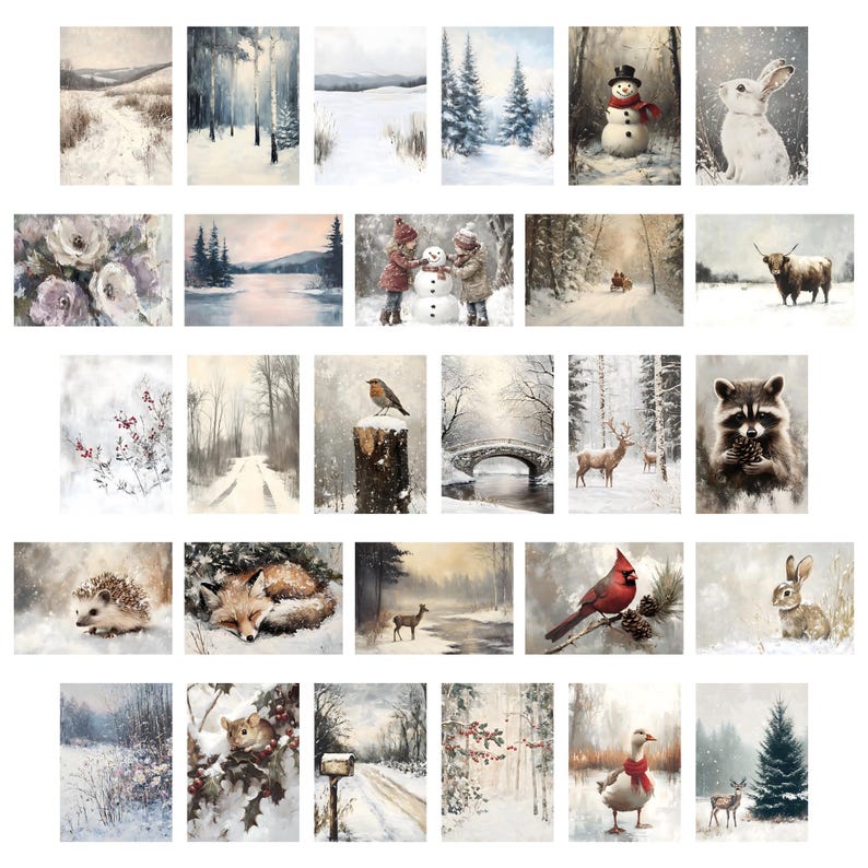 Vintage Winter Print Bundle PRINTABLE Winter Vintage Oil Painting Set Snow Gallery Wall Art Collection Christmas Decor Snowy Landscape