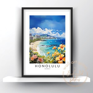 May include: A colorful illustration of Honolulu, Hawaii, with a view of the city skyline and beach from a hillside with vibrant pink and yellow hibiscus flowers in the foreground. The text "HONOLULU HAWAII" is at the bottom of the image.