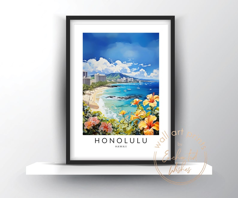 May include: A colorful illustration of Honolulu, Hawaii, with a view of the city skyline and beach from a hillside with vibrant pink and yellow hibiscus flowers in the foreground. The text "HONOLULU HAWAII" is at the bottom of the image.