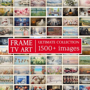 以下が含まれることがあります： さまざまな風景、静物画、休日のシーンを特徴とする、額入りのテレビアートプリントのコレクション。これらのプリントは、印象派や写実的な絵画など、さまざまなスタイルを展示しています。「FRAME TV ART ULTIMATE COLLECTION 1500+ images」というテキストが表示されています。