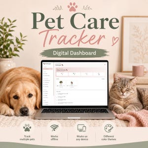 Op de afbeelding: Een digitaal dashboard voor huisdierverzorging op een laptopscherm. De interface bevat secties voor gezondheid, training en uitgaven. Onder de laptop staan vier iconen die functies aangeven: meerdere huisdieren volgen, werkt offline, werkt op elk apparaat en verschillende kleurthema's.