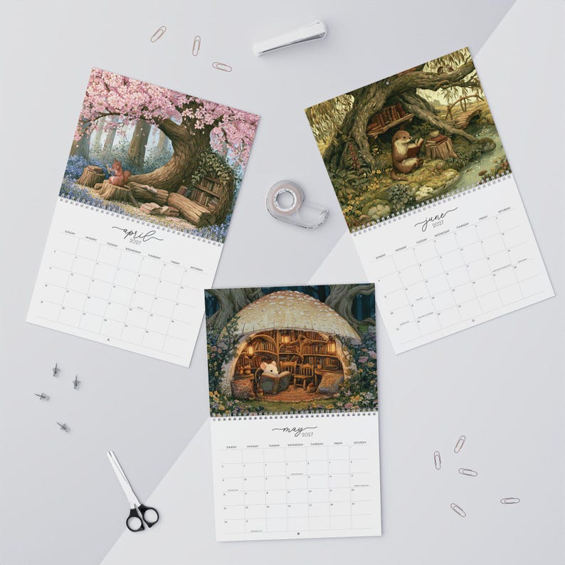 2027 wall calendar featuring cute woodland animals reading books, twelve
illustrated forest library scenes with fox, hedgehog, rabbit, squirrel, otter and
raccoon in hollow-tree bookshops and mushroom libraries, cozy cottagecore
storybook art, 12 month hanging calendar printed and shipped, book lover gift for
readers librarians and teachers, reading nook and home office decor