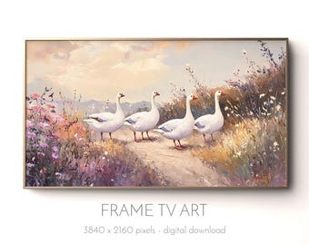 Vintage Geese Frame TV Art for Samsung Frame TV Farmhouse Living Room Decor White Goose Oil Painting TV Screensaver Background Wallpaper