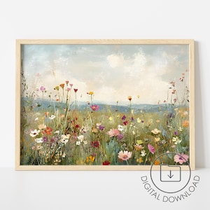 Wildflower Meadow Painting Print PRINTABLE Flower Field Decor Vintage Oil Painting Poster Country Summer Wall Art Floral Landscape Print