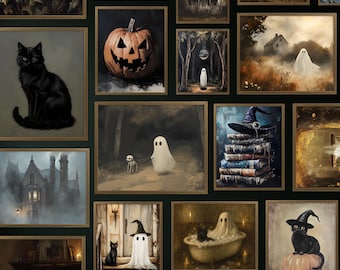 Megapaquete de láminas vintage de Halloween: colección de arte mural de pintura al óleo vintage imprimible, conjunto de galería de fantasmas espeluznantes, decoración de esqueletos a la moda.