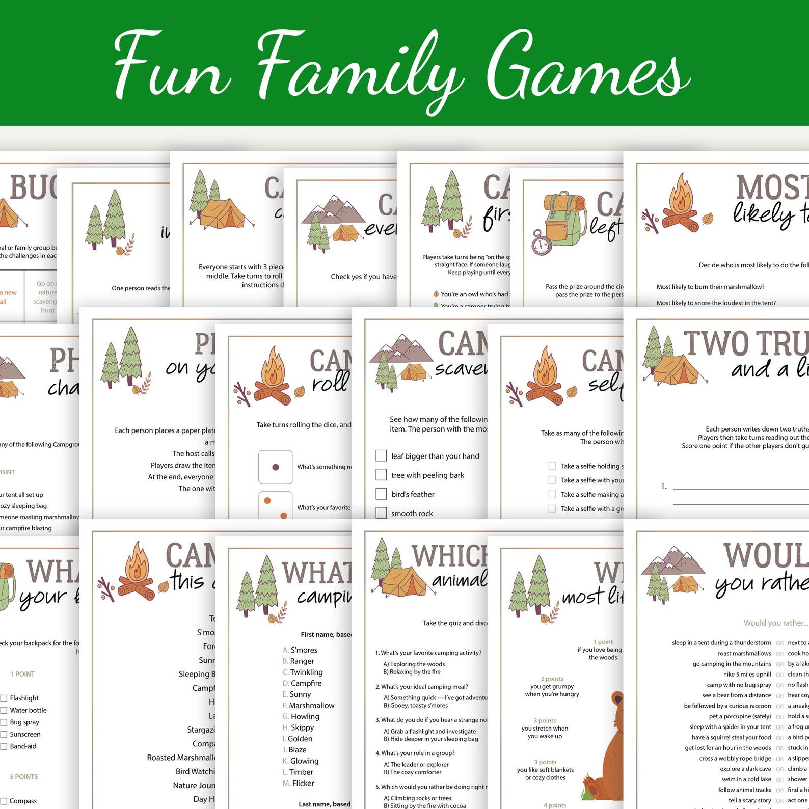 Camping Game Bundle Printable Camp Games Collection Campsite Activities ...