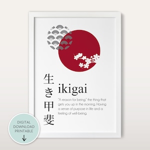 May include: A red circle with a white cherry blossom branch and a gray and white geometric pattern in the background. The text "ikigai" is written in black with the Japanese characters for "生き甲斐" below it. The definition of ikigai is written in black below the Japanese characters: "A reason for being, the thing that gets you up in the morning. Having a sense of purpose in life and a feeling of well-being."