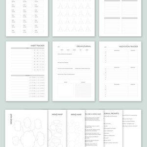 May include: Printable planner pages with a variety of layouts for goal setting, habit tracking, meditation, and journaling. The pages feature a minimalist design with black text on a white background.
