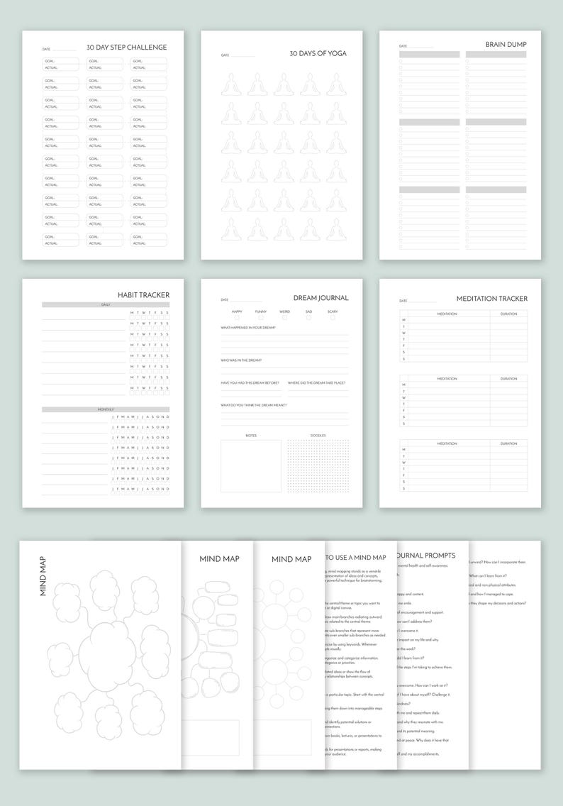 May include: Printable planner pages with a variety of layouts for goal setting, habit tracking, meditation, and journaling. The pages feature a minimalist design with black text on a white background.