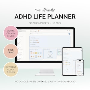 ADHD Life Planner Digital App Productivity Dashboard Habit Tracker Budget & Task Manager Journal Template for iPhone Android Desktop