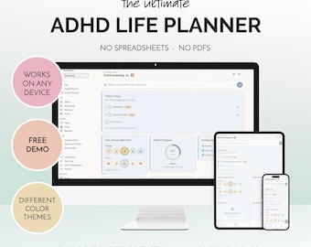 ADHD Life Planner Digital App Productivity Dashboard Habit Tracker Budget & Task Manager Journal Template for iPhone Android Desktop