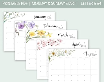 Calendário Mensal Imprimível de 2026 com Design Floral em Aquarela, Planejador Mensal de 2026 com Início às Segundas e Domingos, Calendário de Parede em Formato Paisagem Elegante e Clássico