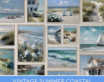Paquete de láminas vintage veraniegas costeras, conjunto de pinturas al óleo imprimibles, colección de arte mural de galería oceánica, póster decorativo, arte de temporada, paisaje marino.