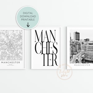 Lot de 3 impressions de carte de Manchester, impression de Manchester, affiche de typographie, ensemble d'impression de téléchargement numérique de Manchester, photo de Manchester City