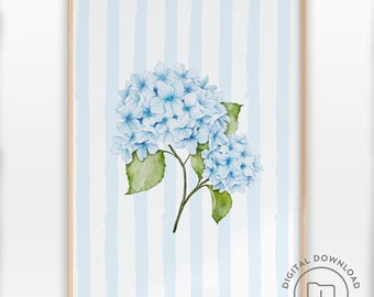Hydrangea Print PRINTABLE Coastal Aesthetic Poster Blue Stripes Beach House Wall Art Trendy Apartment Decor Summer Coastal Granddaughter Art
