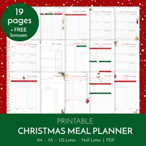 May include: A printable Christmas meal planner with 19 pages and bonus content. The planner includes sections for shopping, budgeting, and meal planning. The pages are white with red and green accents, and the text "Christmas Meal Planner" is displayed.