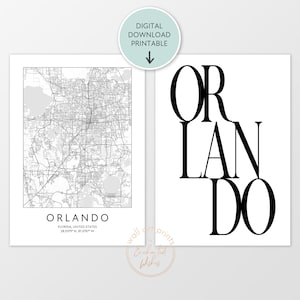 Orlando kaart print set van 2 printables, Orlando print, typografie poster, Orlando digitale download print set, Florida US City Wall Art decor