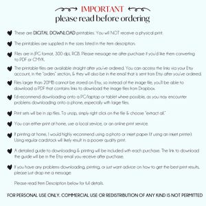 May include: A white background with red hearts and black text outlining important information about digital printable files. The text reads "IMPORTANT please read before ordering" and includes details about the file format, size, and how to download and print the files. The text also states that the files are for personal use only and commercial use or redistribution is not permitted.