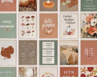 May include: A collection of fall and Thanksgiving-themed prints. The prints feature pumpkins, autumn leaves, and text like "Happy Thanksgiving," "Hello Pumpkin," and "Let's Stay In." The color palette includes warm tones of orange, brown, and green.