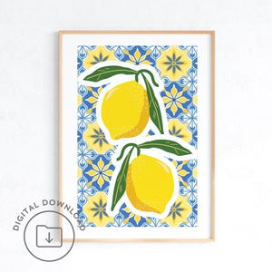 May include: Two yellow lemons with green leaves on a blue and yellow patterned background. The lemons are stylized and have a simple design.