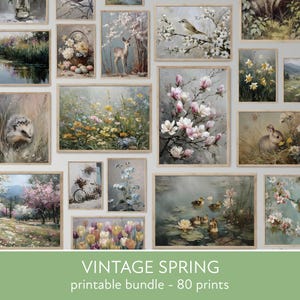 Puede incluir: Una colección de láminas artísticas vintage de primavera enmarcadas. Las obras de arte presentan varias escenas primaverales, incluyendo flores, animales y paisajes. El texto en la parte inferior dice "VINTAGE SPRING printable bundle - 80 prints."