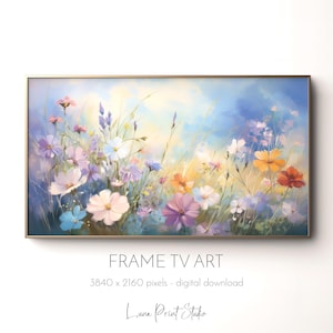 May include: A digital painting of a field of wildflowers in shades of pink, purple, blue, and yellow. The flowers are in focus, while the background is a soft blue and white.