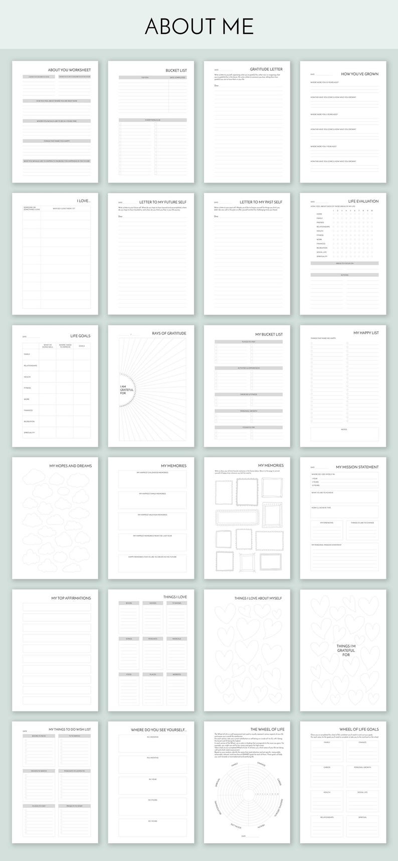 May include: A printable workbook with 20 pages of prompts and exercises for self-reflection and personal growth. The workbook includes sections for bucket lists, gratitude letters, life goals, and more.