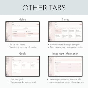 Peut inclure: Une interface num&eacute;rique intitul&eacute;e OTHER TABS pr&eacute;sentant quatre sections : Habits, Notes, Goals et Important Information. Chaque section affiche une mise en page de tableau de bord avec du texte, des ic&ocirc;nes et des listes pour suivre les routines, organiser les notes, fixer des objectifs et stocker des donn&eacute;es.