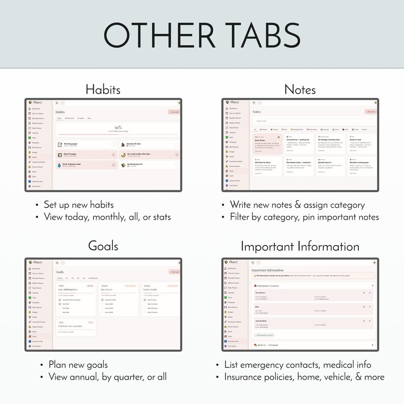 Peut inclure: Une interface num&eacute;rique intitul&eacute;e OTHER TABS pr&eacute;sentant quatre sections : Habits, Notes, Goals et Important Information. Chaque section affiche une mise en page de tableau de bord avec du texte, des ic&ocirc;nes et des listes pour suivre les routines, organiser les notes, fixer des objectifs et stocker des donn&eacute;es.