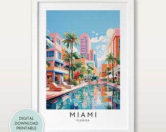 Miami Travel Poster, Miami Print, Miami Florida Painting, Miami Traditional Travel Print, Florida Poster, Palm Tree Pool Wall Art Decor