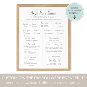 On The Day You Were Born Print, Custom PRINTABLE Day You Were Born Poster, On This Day in History, Personalized Birthday Gift, New Baby Gift
