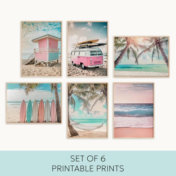 Ocean Wall Art PRINTABLES, Pink Surf Print Set, Pink Coastal Decor, Ocean Beach Art Print Bundle, Palm Tree Wall Art, Beach Photo Set Art