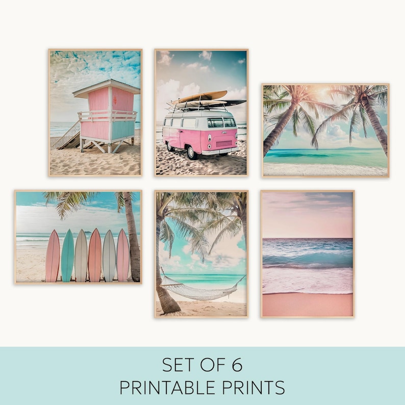 Ocean Wall Art PRINTABLES, Pink Surf Print Set, Pink Coastal Decor, Ocean Beach Art Print Bundle, Palm Tree Wall Art, Beach Photo Set Art