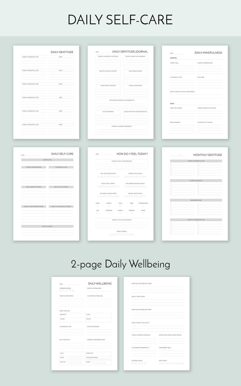 May include: A printable daily self-care journal with sections for gratitude, mindfulness, self-care, how you feel, and monthly gratitude. The journal is designed to help you focus on your well-being.