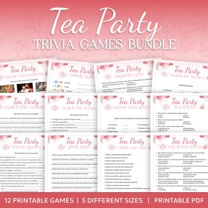 May include: A printable tea party trivia game bundle with 12 different games. The games include movie screenshots, emoji quizzes, etiquette quizzes, matching the countries to the tea traditions, matching the songs to the lyrics, movie characters, matching the besties, tea trivia, movie quotes, pink quizzes, riddle me this, and royal tea trivia.
