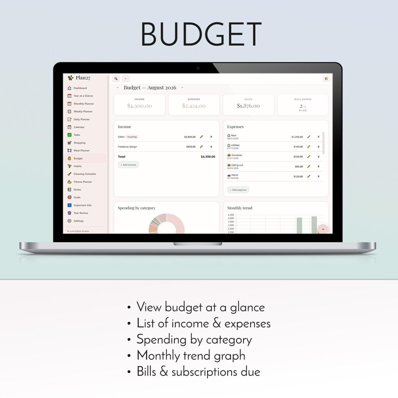 2027 digital planner app installed on iPhone home screen, offline life organizer with habit tracker budget planner and meal planner, no subscription no account no monthly fee productivity dashboard, daily weekly monthly planning for iPhone iPad Android Windows Mac, private on-device data storage, instant digital download from Luna Digital Studios