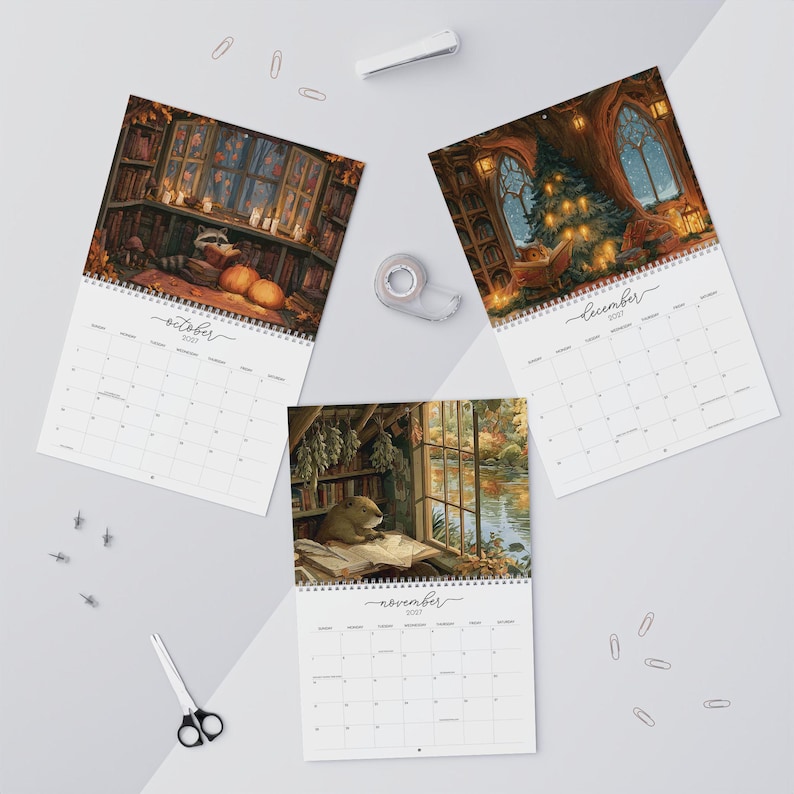 2027 wall calendar featuring cute woodland animals reading books, twelve
illustrated forest library scenes with fox, hedgehog, rabbit, squirrel, otter and
raccoon in hollow-tree bookshops and mushroom libraries, cozy cottagecore
storybook art, 12 month hanging calendar printed and shipped, book lover gift for
readers librarians and teachers, reading nook and home office decor
