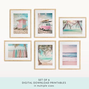 Ocean Wall Art PRINTABLES, Pink Surf-Print-Set, Rosa Küsten-Dekor, Ocean Beach Kunstdruck-Bundle, Palme-Wandkunst, Strandfoto-Set-Art