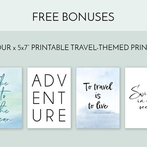 K&ouml;nnte beinhalten: Vier druckbare Reise-Poster im Format 12,7 x 17,8 cm mit Aquarellhintergr&uuml;nden. Die Poster zeigen den Text "Take me to the ocean", "Adventure", "To travel is to live" und "Swim in every ocean".